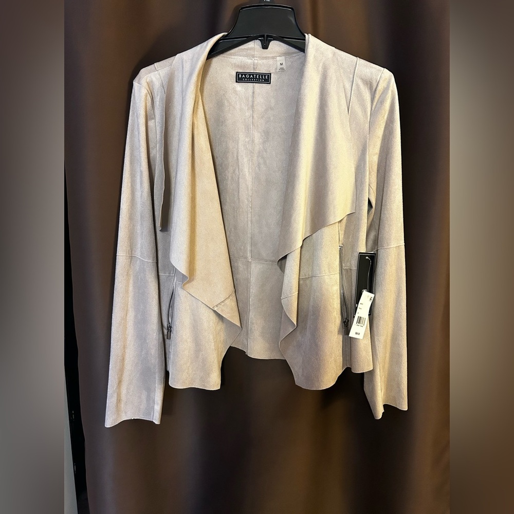 Faux -suede drape front jacket with zippered pockets